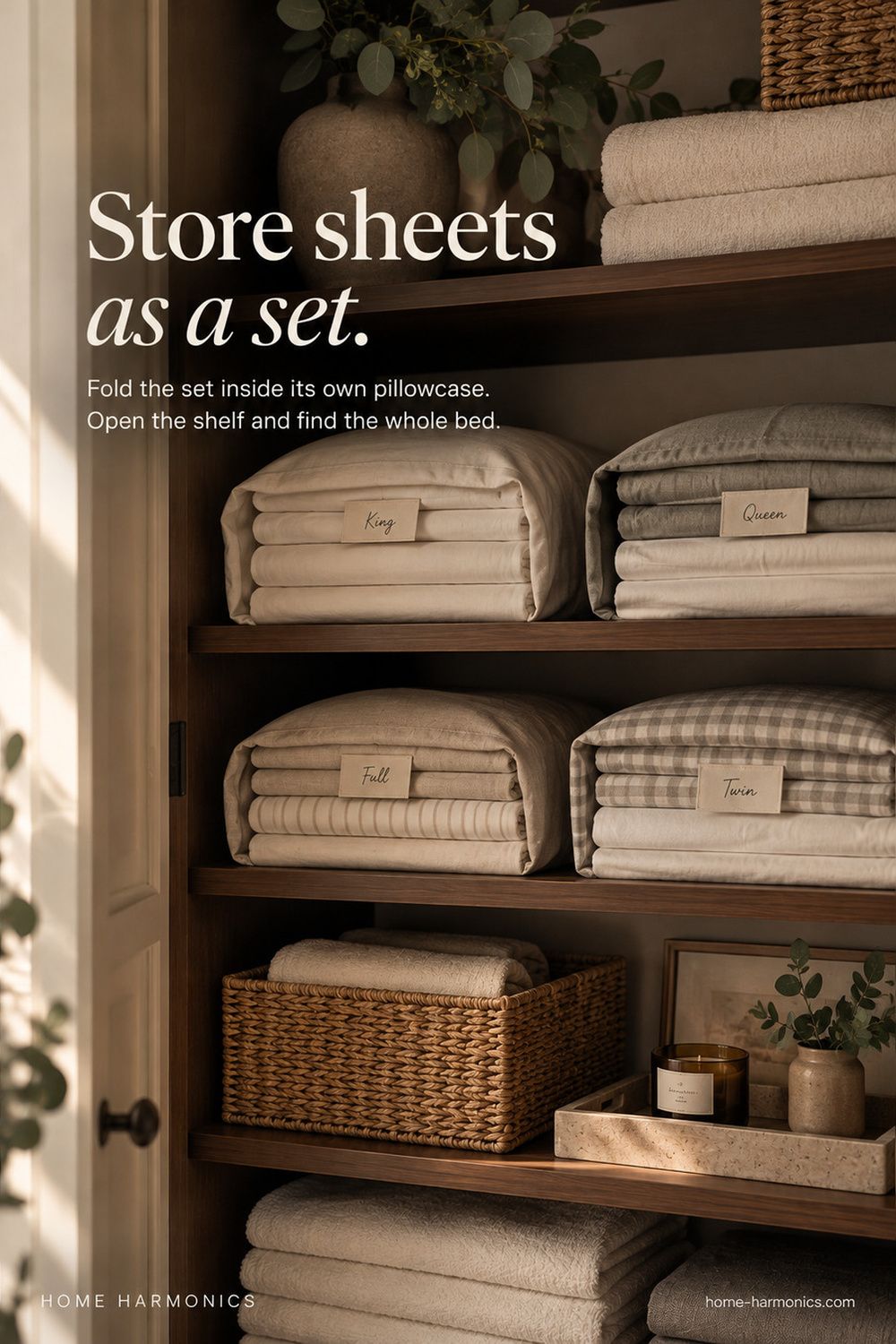 Linen shelves with sheet sets folded inside pillowcases, labeled King, Queen, Full and Twin.
