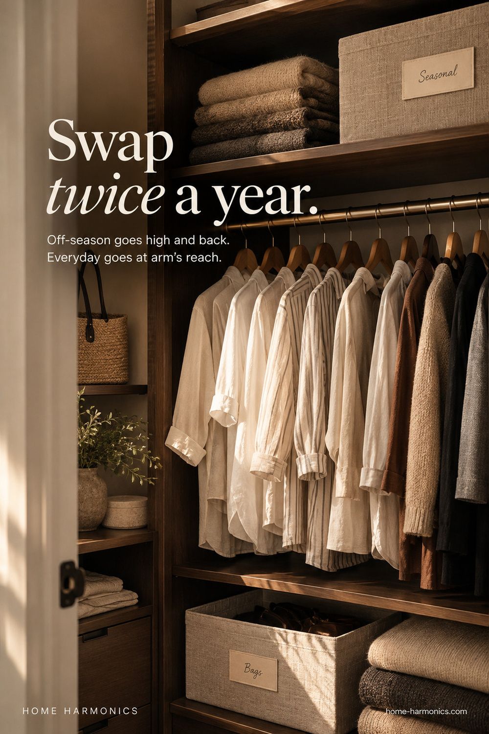A closet with linen shirts and knits on hangers, a labeled Seasonal box above and a Bags box below.