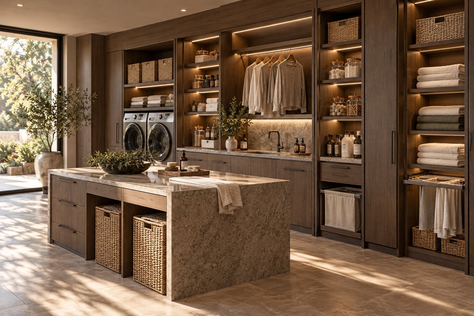 Laundry room in walnut and stone, with woven baskets and stacked linens