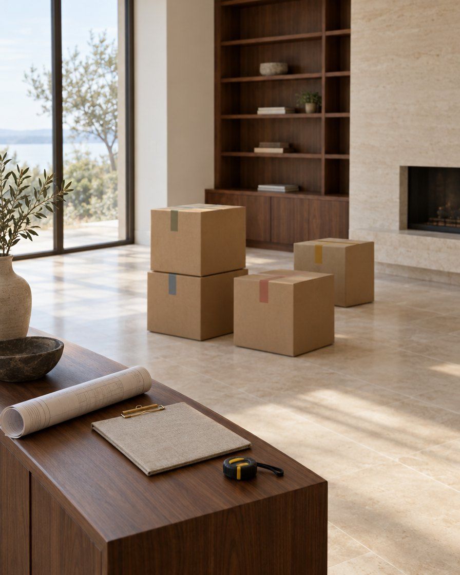 Empty living room with a few taped moving boxes, a rolled floor plan, a clipboard and a measuring tape on a walnut console