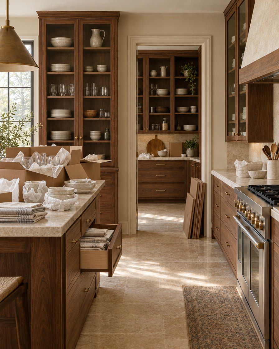 Kitchen mid-unpack, with open boxes of glassware on the island, flattened boxes against the wall and linens going into drawers