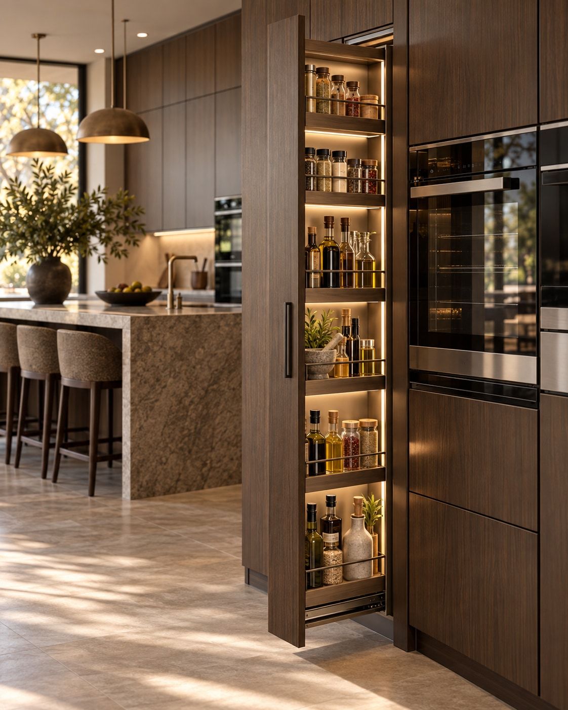 Kitchen with a pull-out pantry tower of glass jars beside the ovens