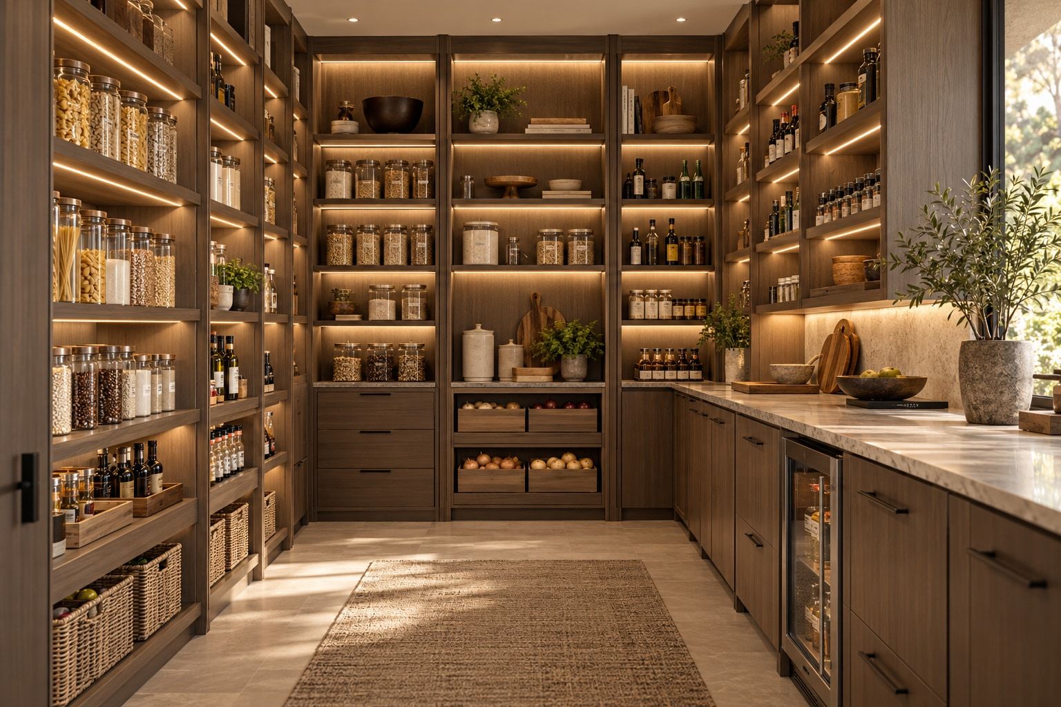 Walk-in pantry lined with glass jars on lit walnut shelves