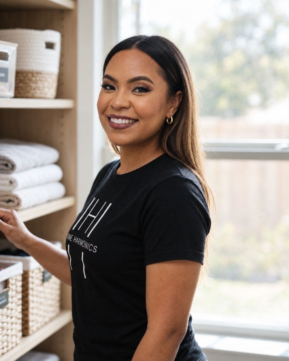 Yaz Scott arranging folded towels on an open linen shelf